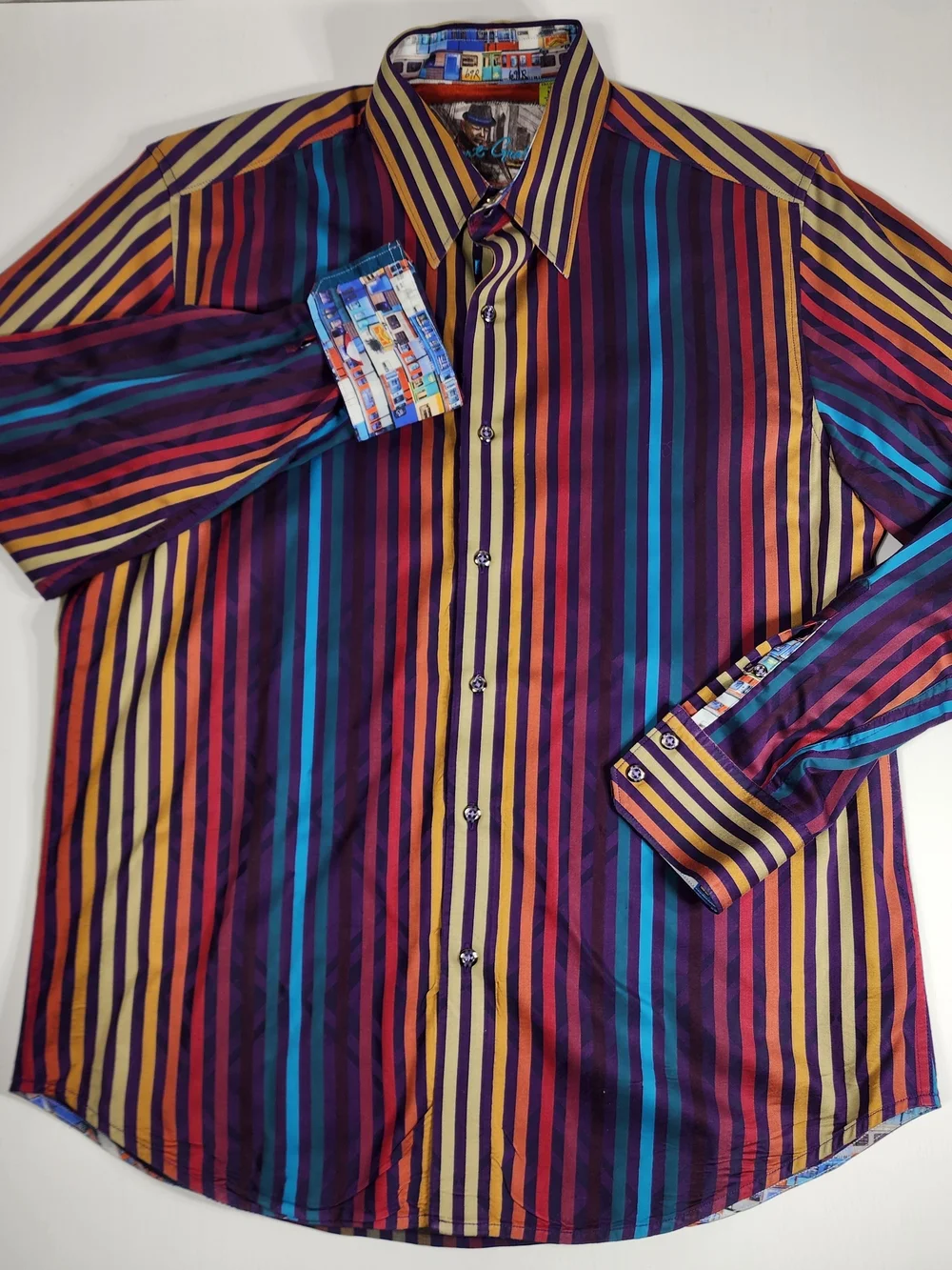 Robert Graham Men’s Multicolor Striped Dress Shirt - Purple/Blue/Gold